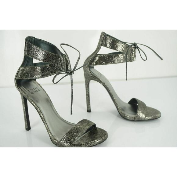 Stuart Weitzman Tynela Pewter Leather Ankle Strap High Heel Sandals - Picture 8 of 12